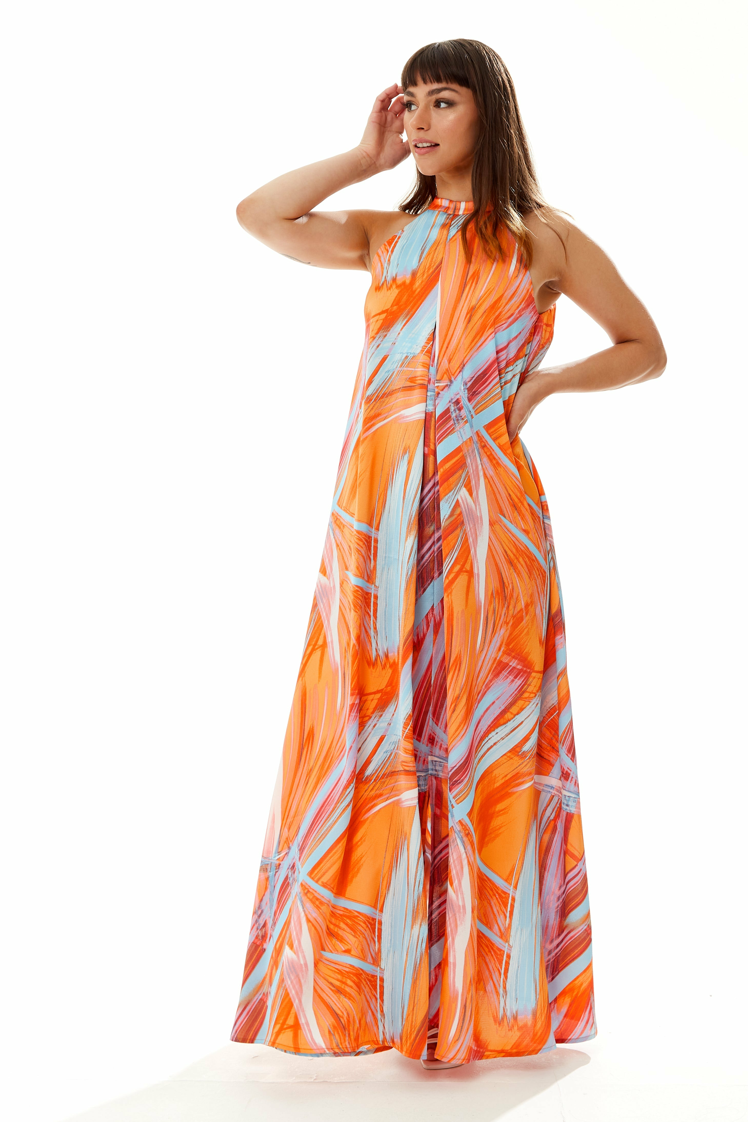 Maxi Abstract Print Dress With A High Neck Orange B7-109-LIQ22SS062O