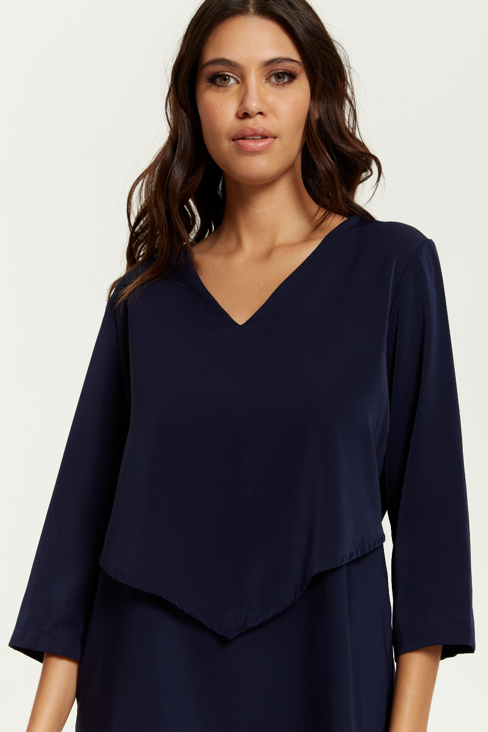 3/4 Sleeves V Neck Layered Relaxed Fit Top in Navy GLR FASHION NETWORKING