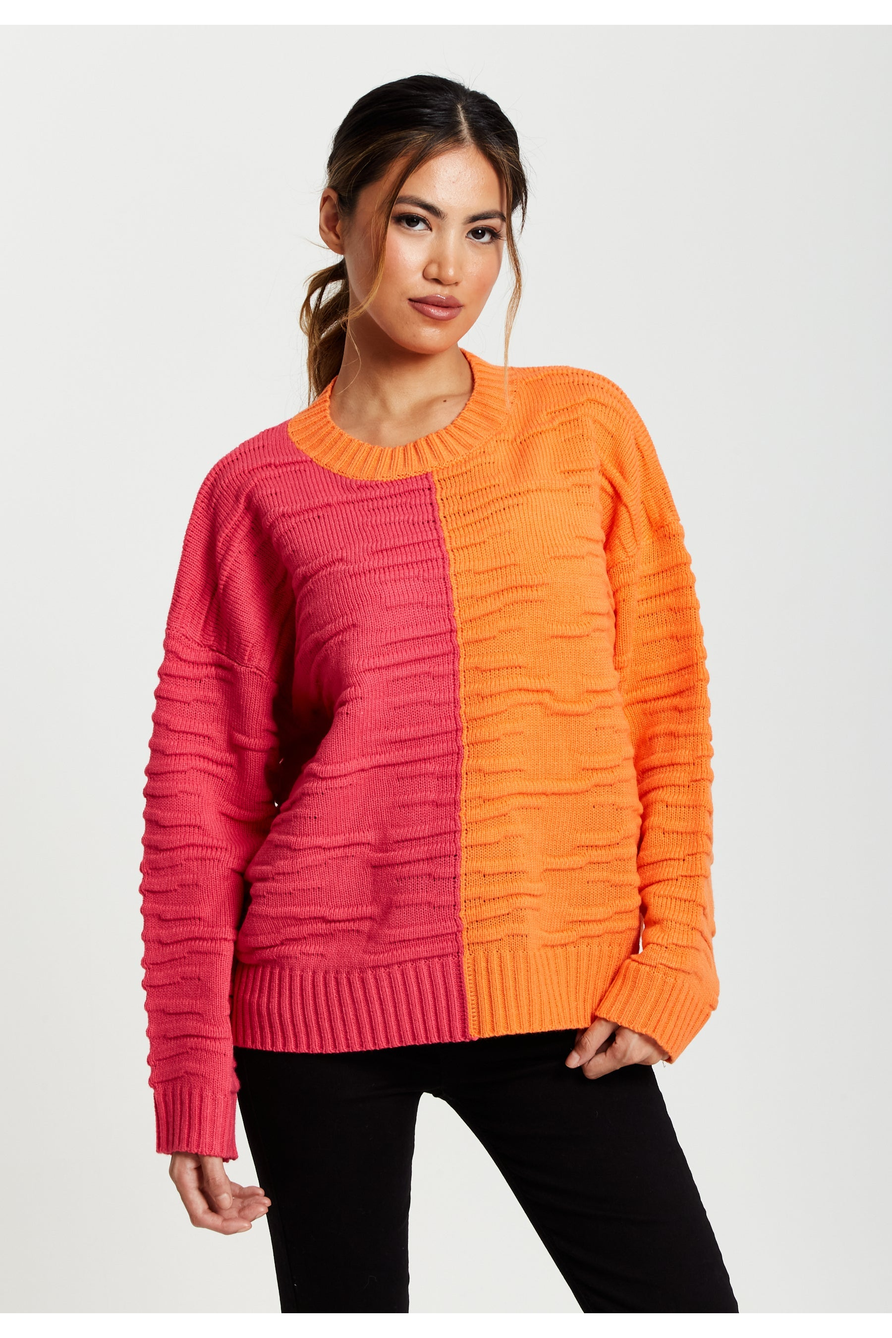 Colour Block Jumper In Orange And Pink D1-LS-L22AW022