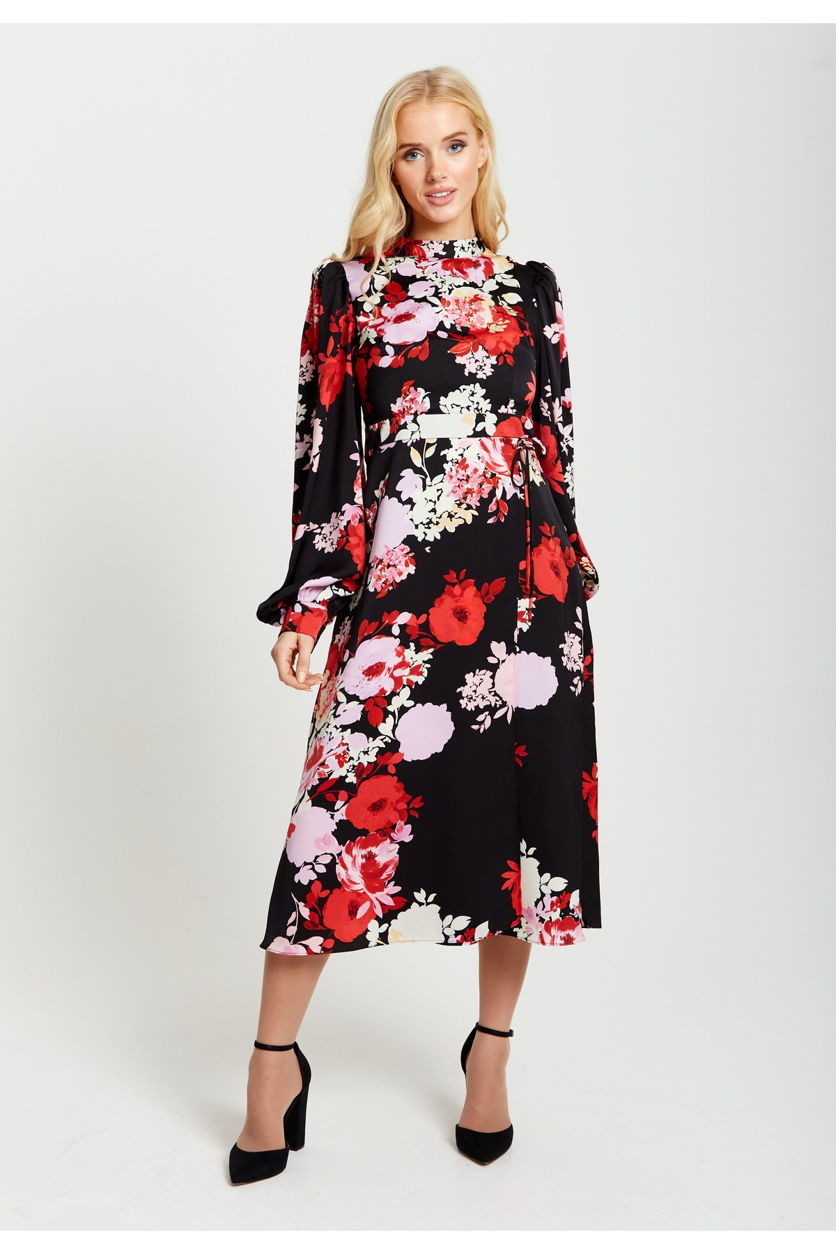 Rose Print Midi Wrap Dress With Open Back Detail E2-195-LIQ22AW037