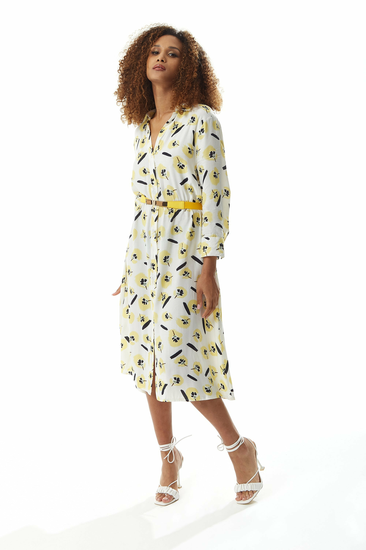 Yellow Floral Midi Shirt Dress In White With Belt LIQTRDR2008