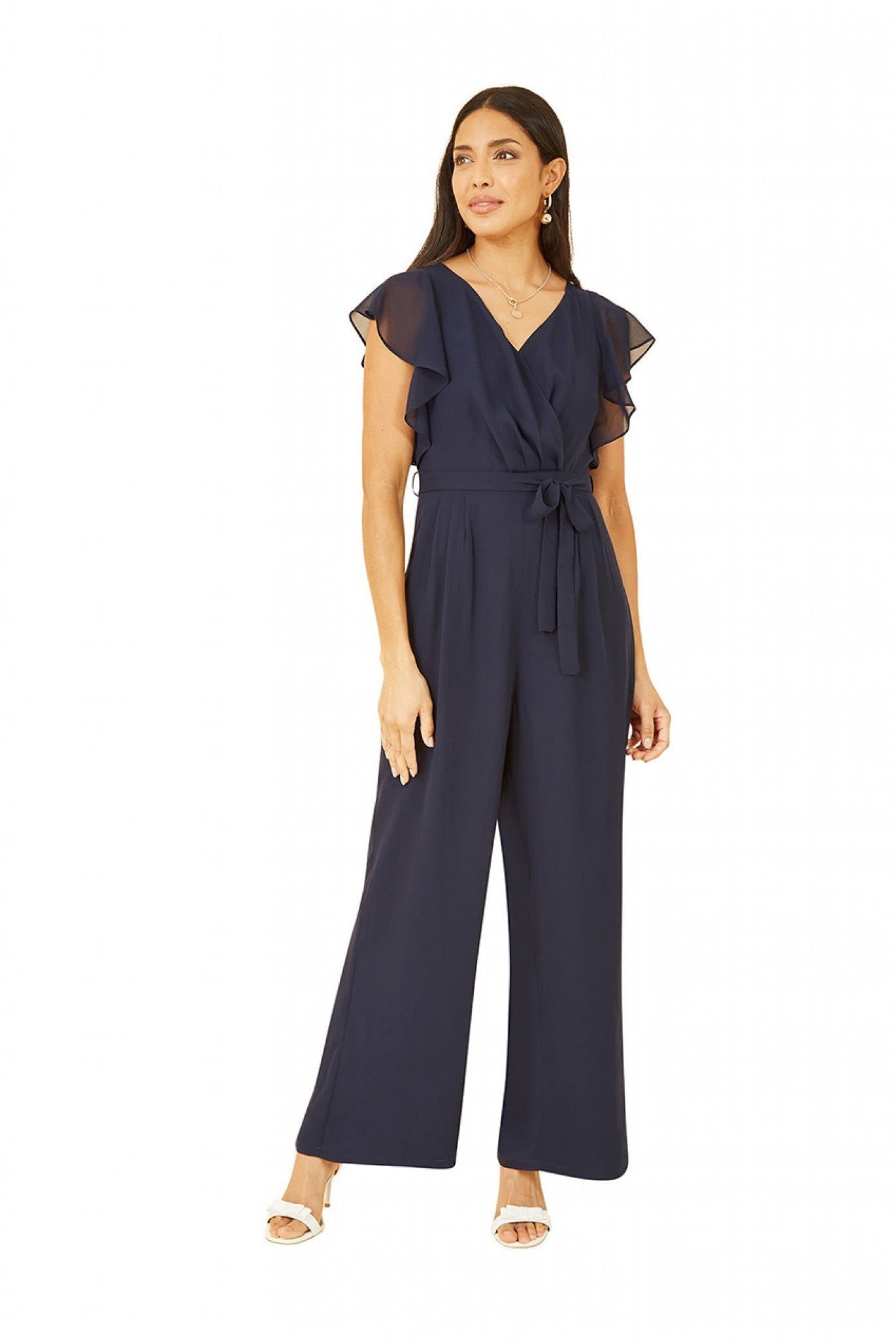 Navy Wrap Jumpsuit With Ruffle Sleeves YM3827027