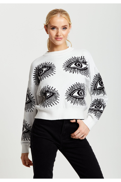 White - Eye Pattern Jumper In White by Liquorish
