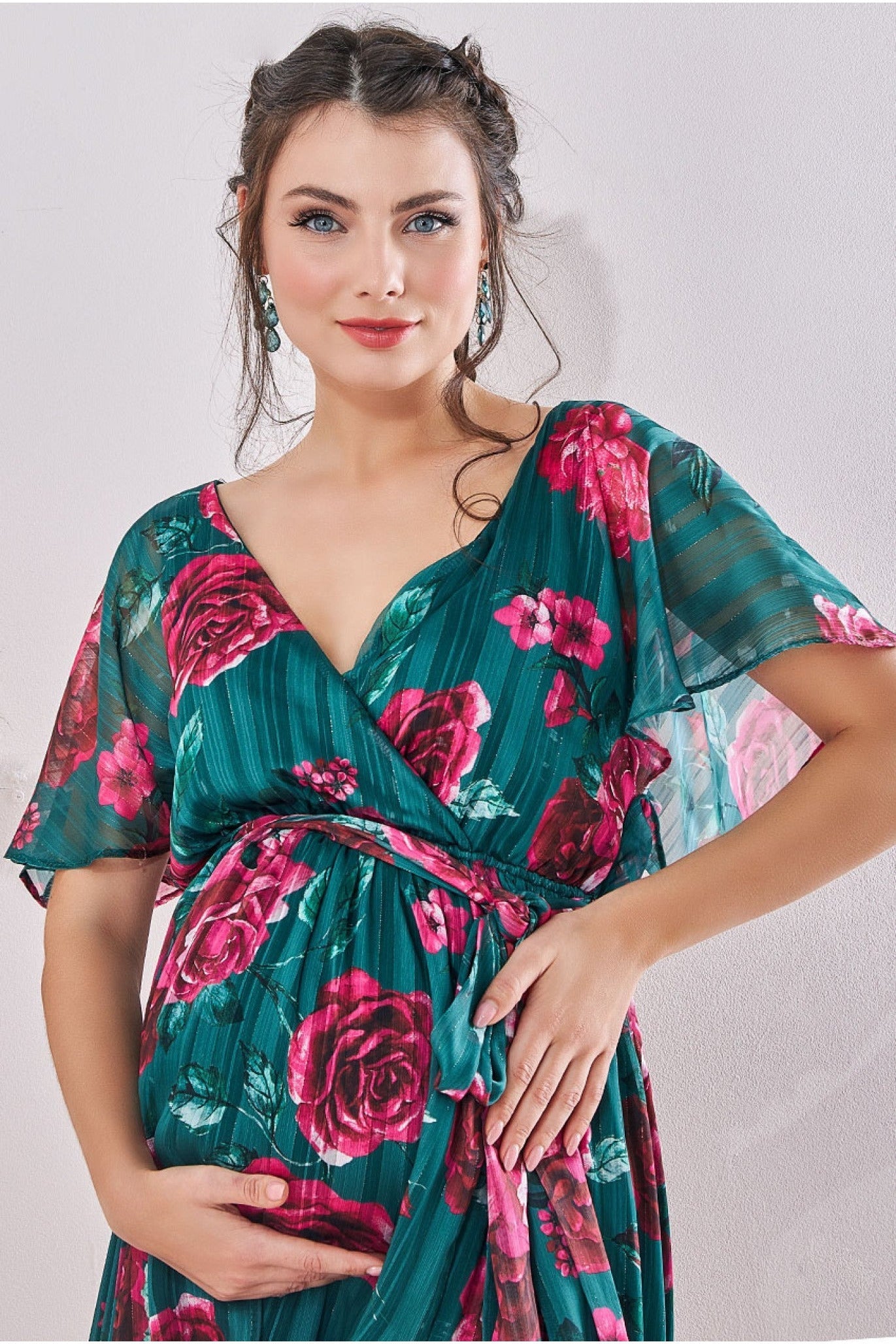 Maternity Flutter Sleeve Floral Wrap Maxi  Emerald DR3601MAT