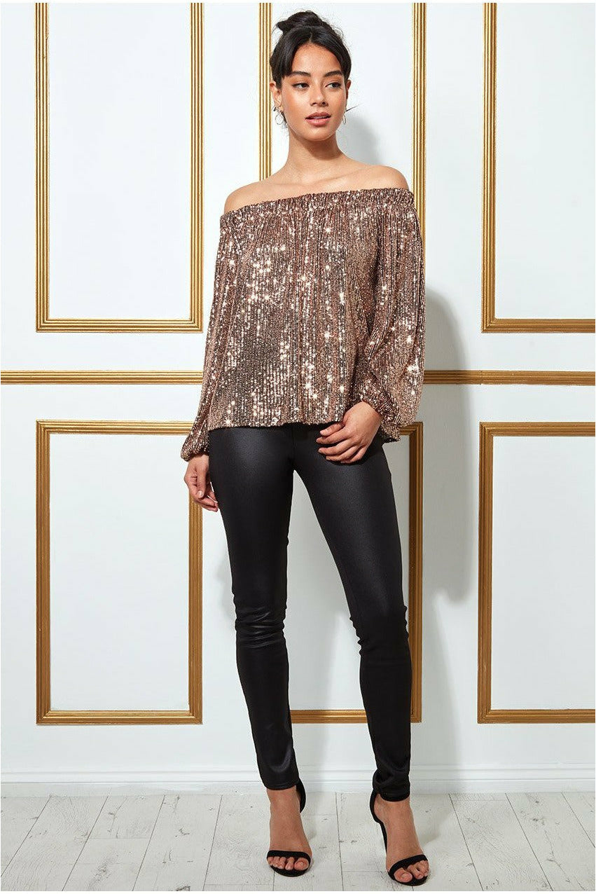 Bardot Sequin Crop Top With Cuffed Sleeves-champagne T158