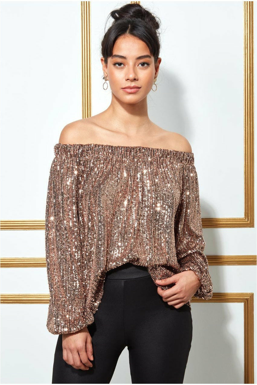 Bardot Sequin Crop Top With Cuffed Sleeves-champagne T158