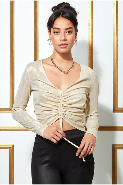 Metallic String Long Sleeve Top - Creamgold T160