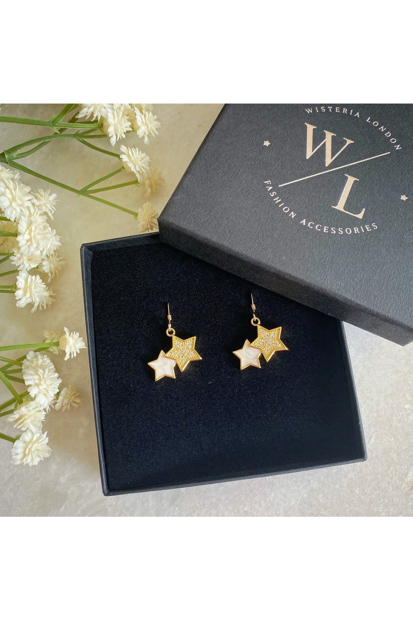 Clara Gold Double Star Earrings Wisteria London