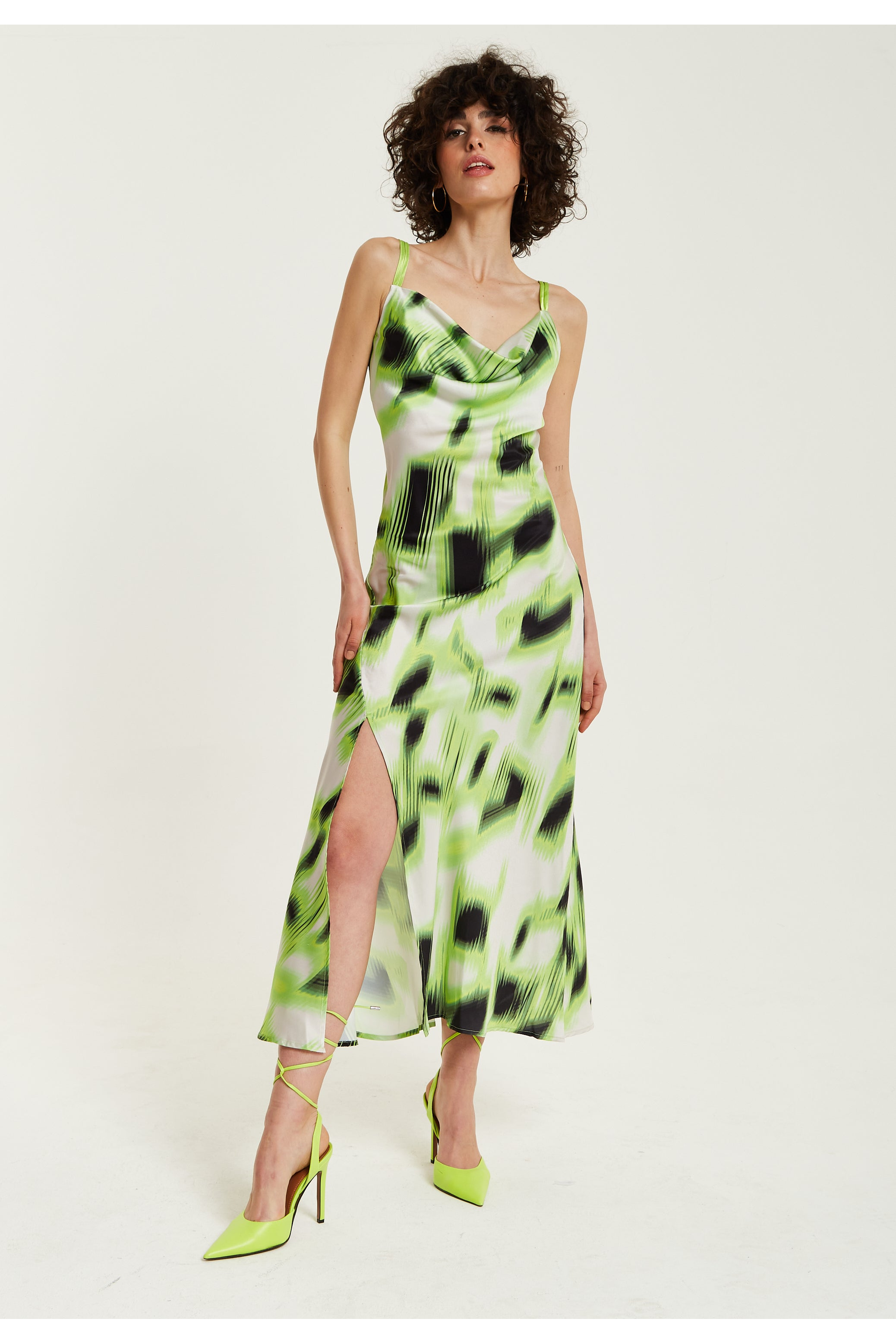Green And Black Abstract Print Cowl Neck Midi YD27255