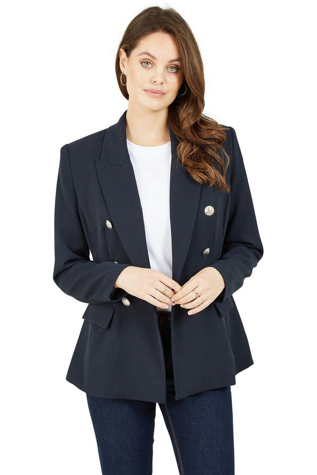 Yumi Navy Blazer With Contrast Stripe Lining – Goddiva