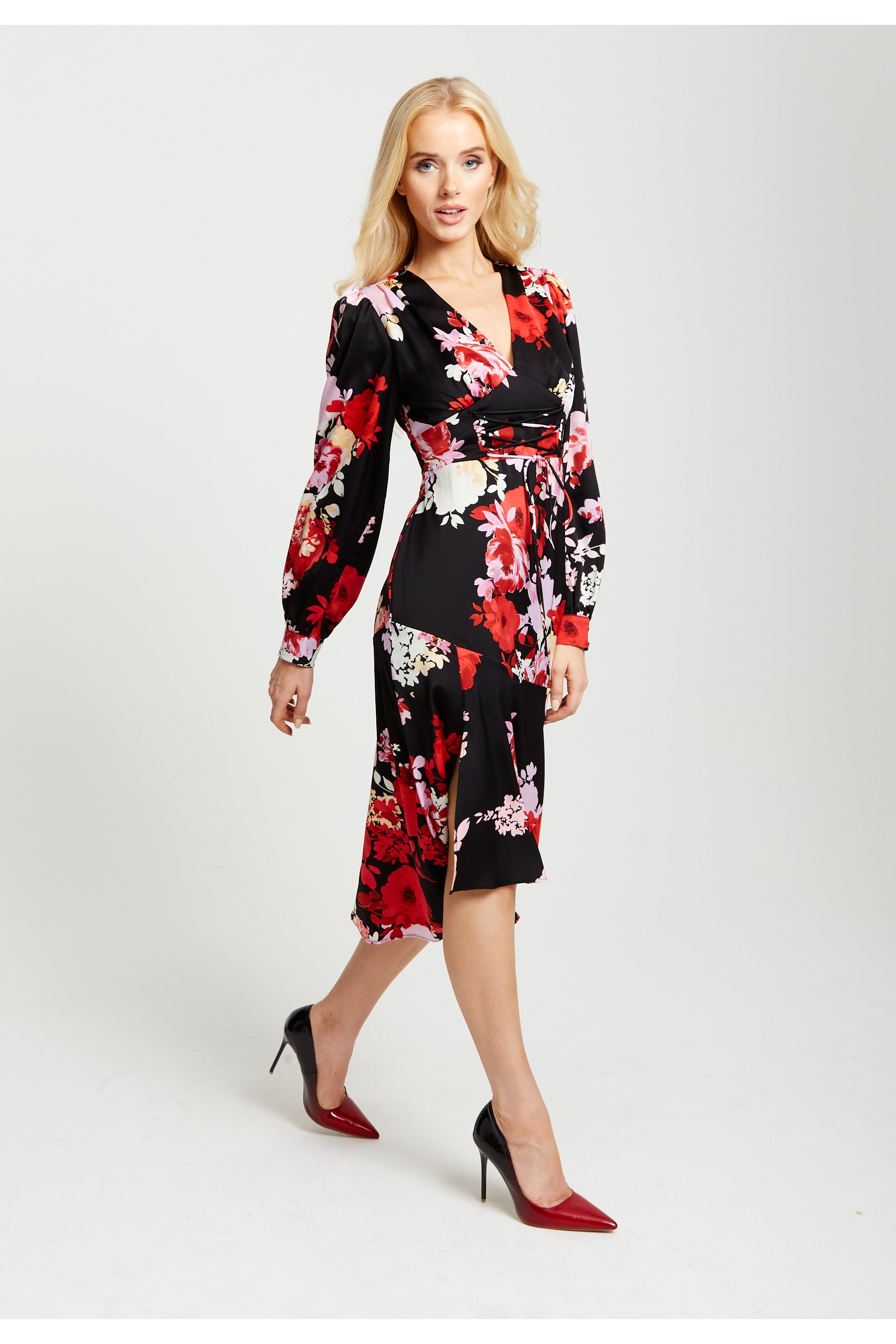 Rose Print Midi Lace Up Dress In Red And Pink E2-196-LIQ22AW038