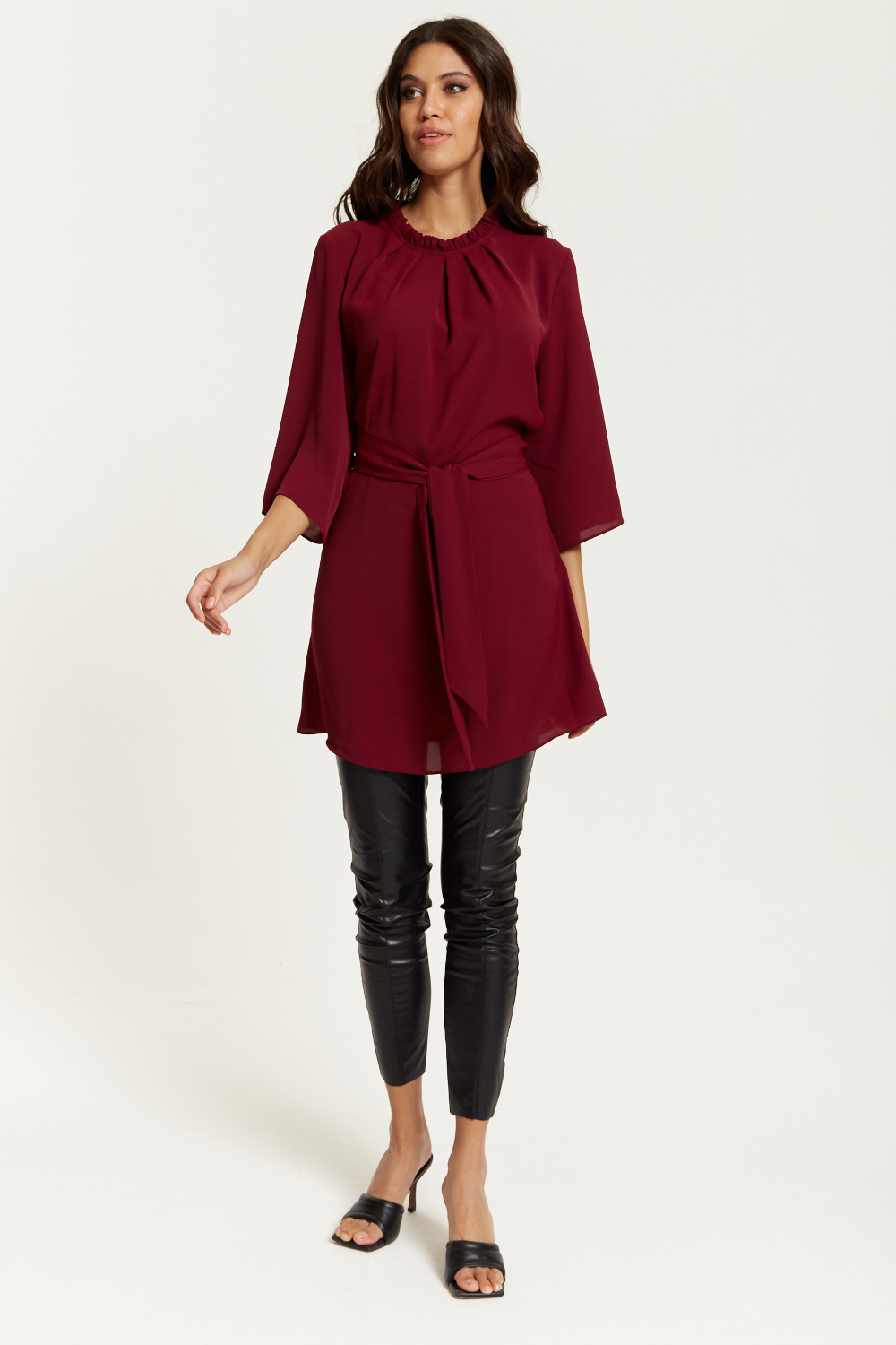 Tie Waisted Ruffle Neck Tunic with 3/4 Sleeves in Burgundy GLR FASHION NETWORKING