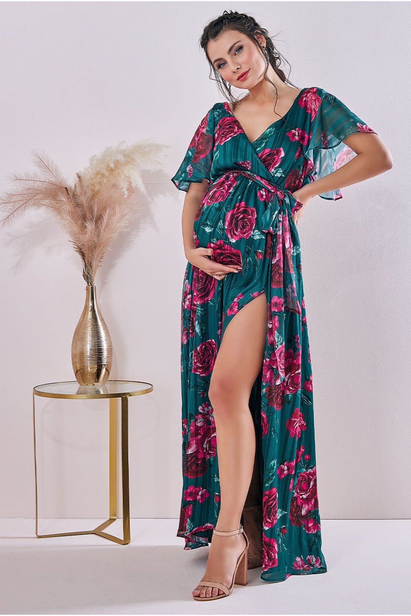 Maternity Flutter Sleeve Floral Wrap Maxi  Emerald DR3601MAT