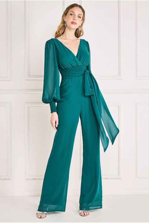 Chiffon Puffy Sleeve Jumpsuit -  Emerald Green TR314