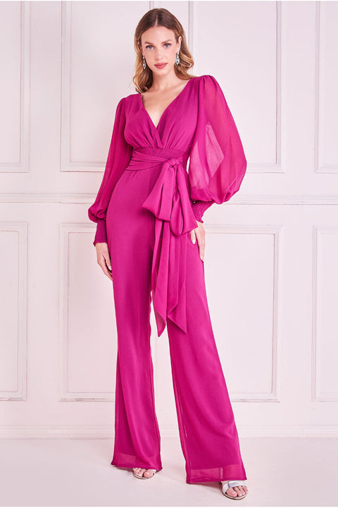 Chiffon Puffy Sleeve Jumpsuit - Magenta TR314