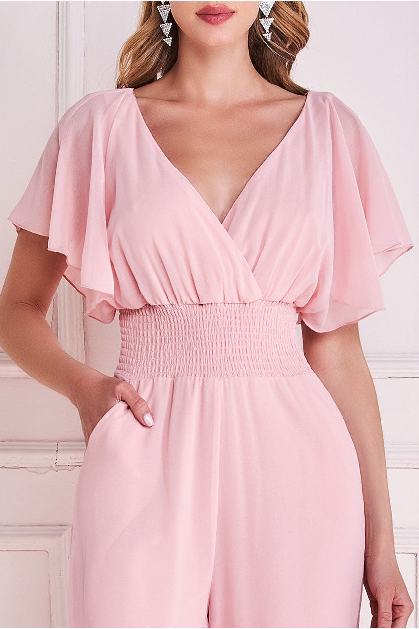 Chiffon Jumpsuit With Flutter Sleeves - Blush TR352