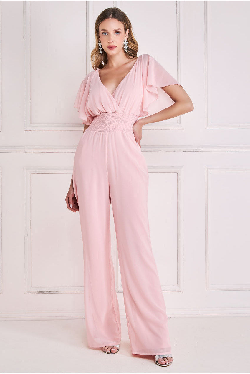 Chiffon Jumpsuit With Flutter Sleeves - Blush TR352