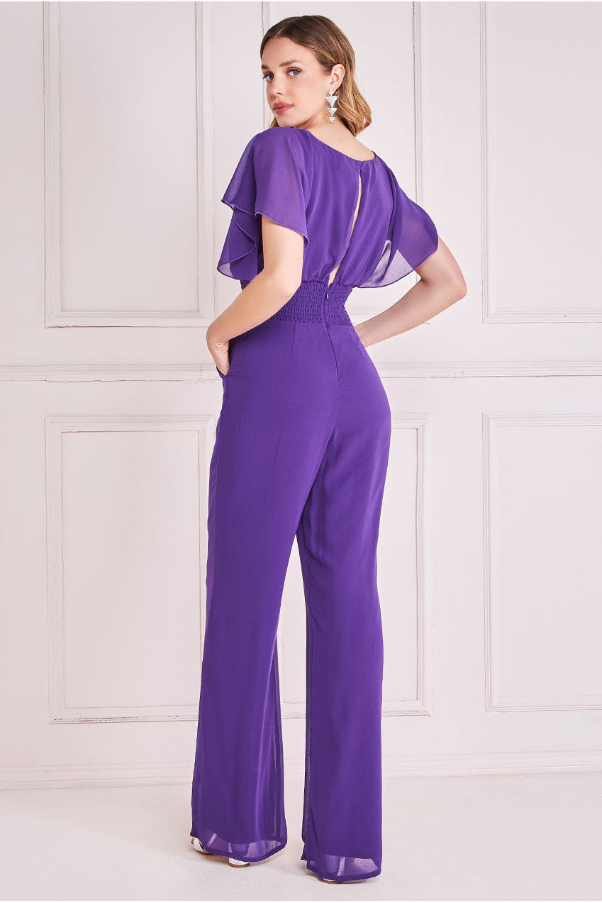 Chiffon Jumpsuit With Flutter Sleeves - Purple TR352