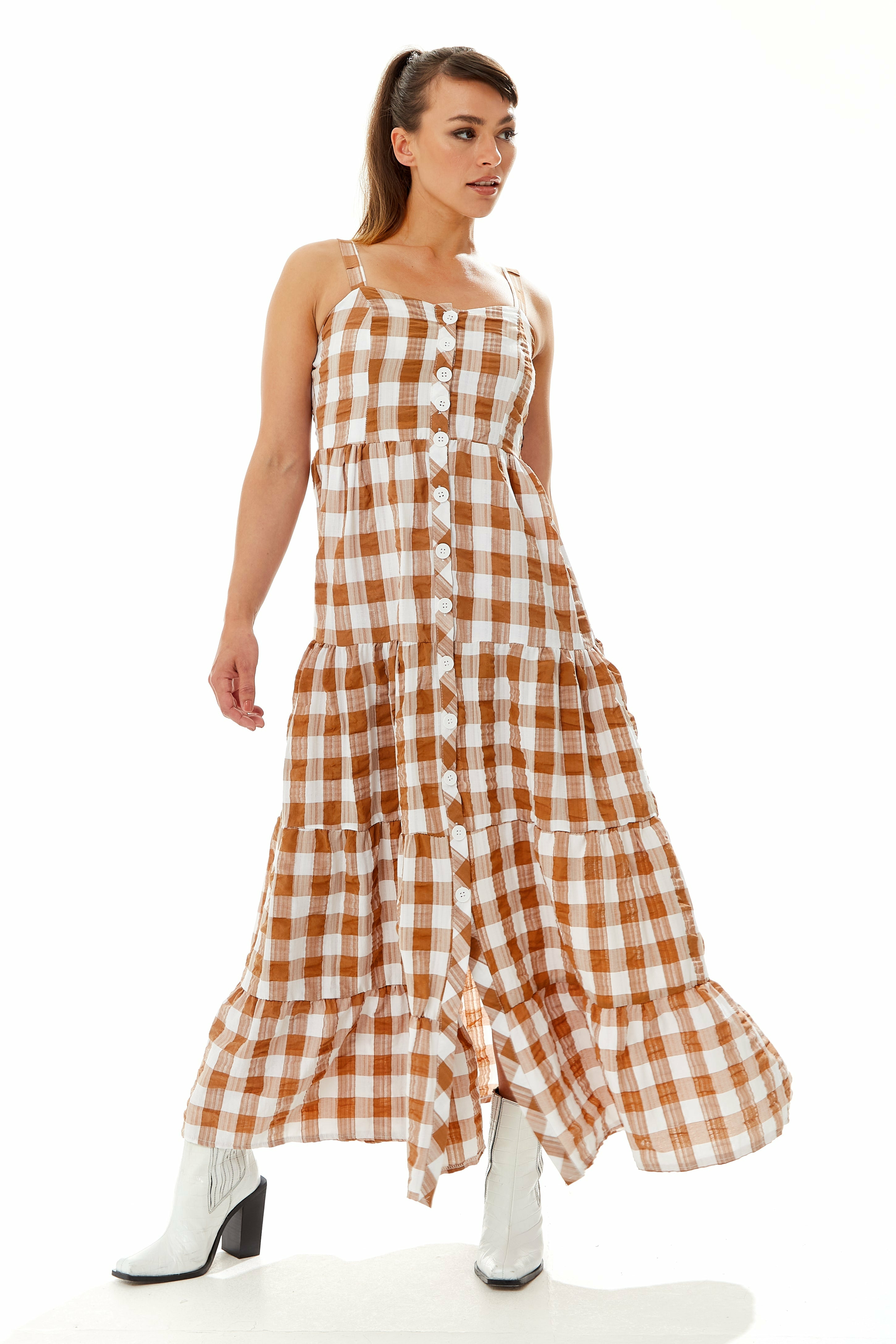 Gingham Print Maxi Dress In Brown And White TRSS22005