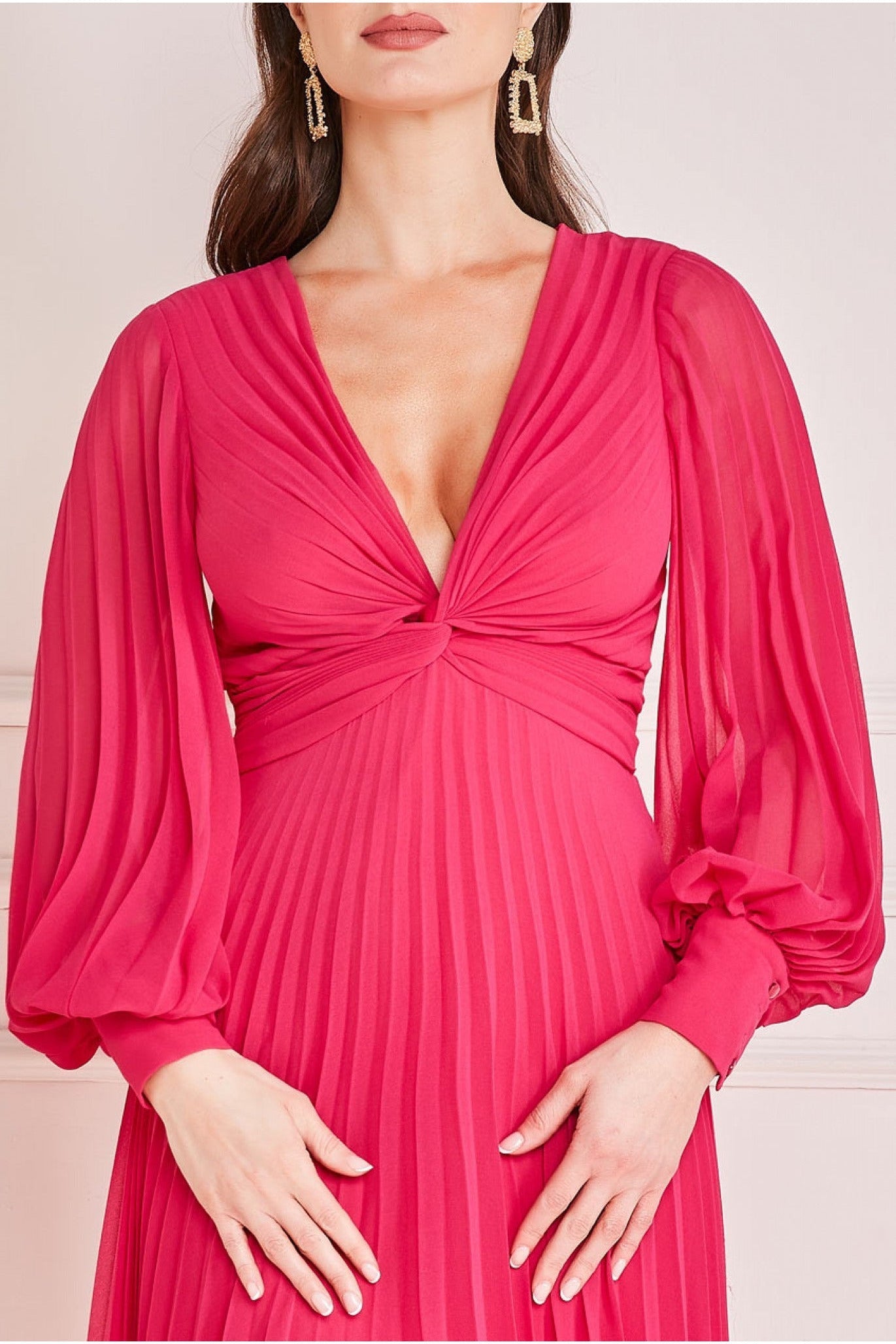Fully Pleated Chiffon Maxi Dress - Hot Pink DR3593