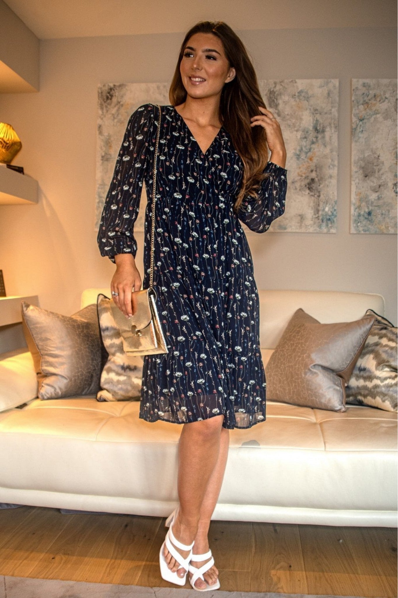 Navy Printed Long Sleeve Tiered Wrap Dress DR0000377