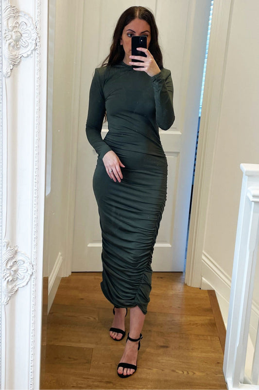 Khaki Slinky Shoulder Pad Ruched Long Sleeve Midaxi Khaki