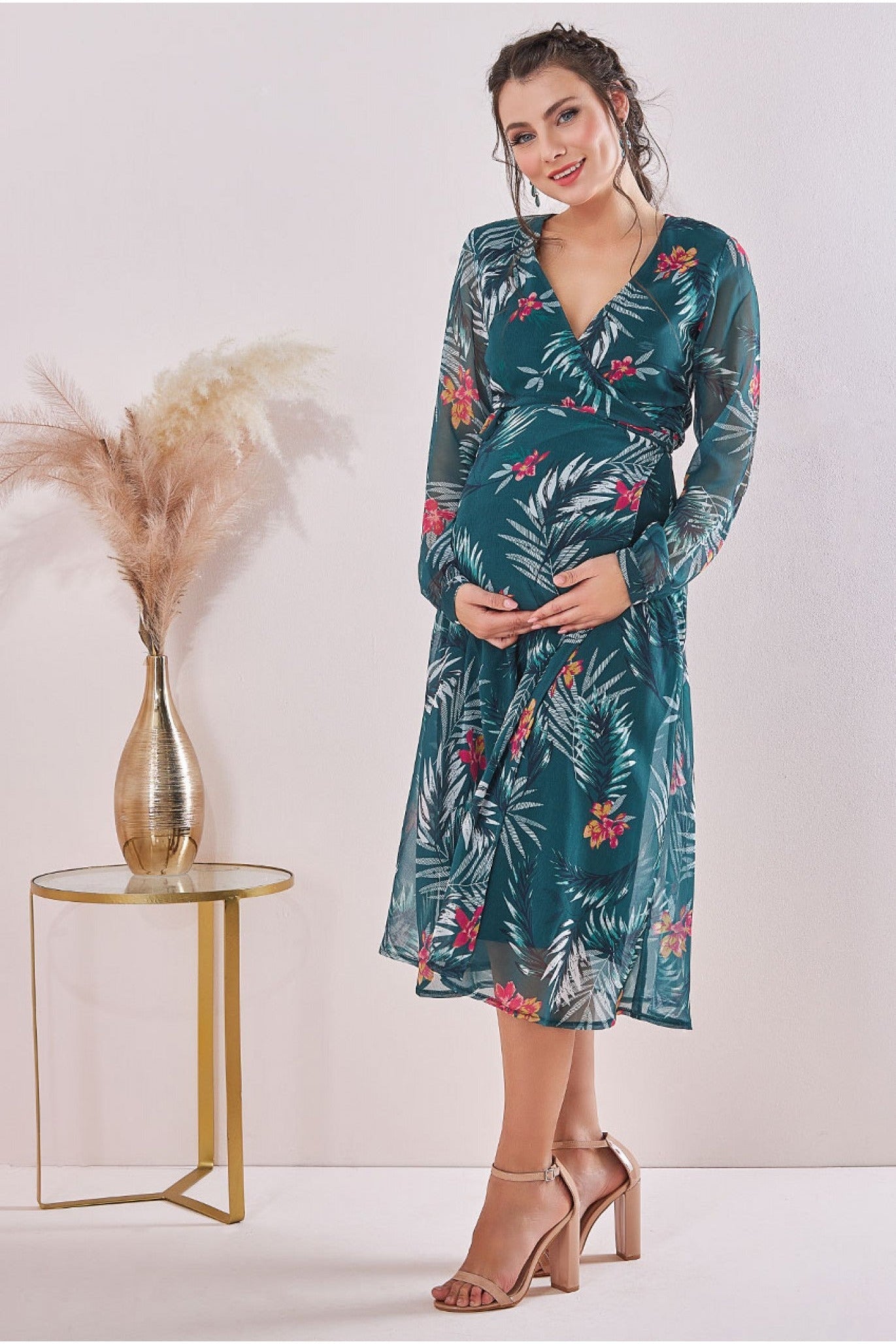 Maternity Floral Print Wrap Midi Green DR3569MAT