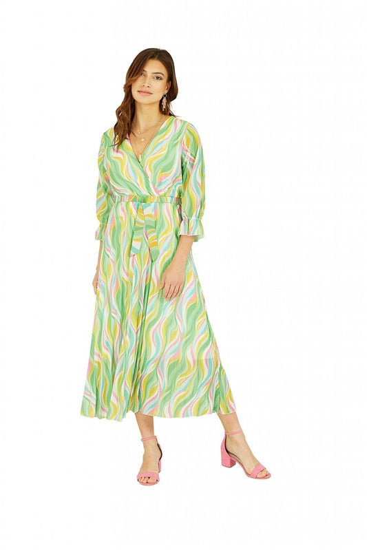 Green Swirl Print Pleated Dress With Belt YM3805009