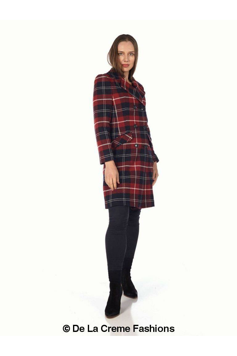 De La Creme - Womens Tartan Check Double Breasted Coat De La Crème
