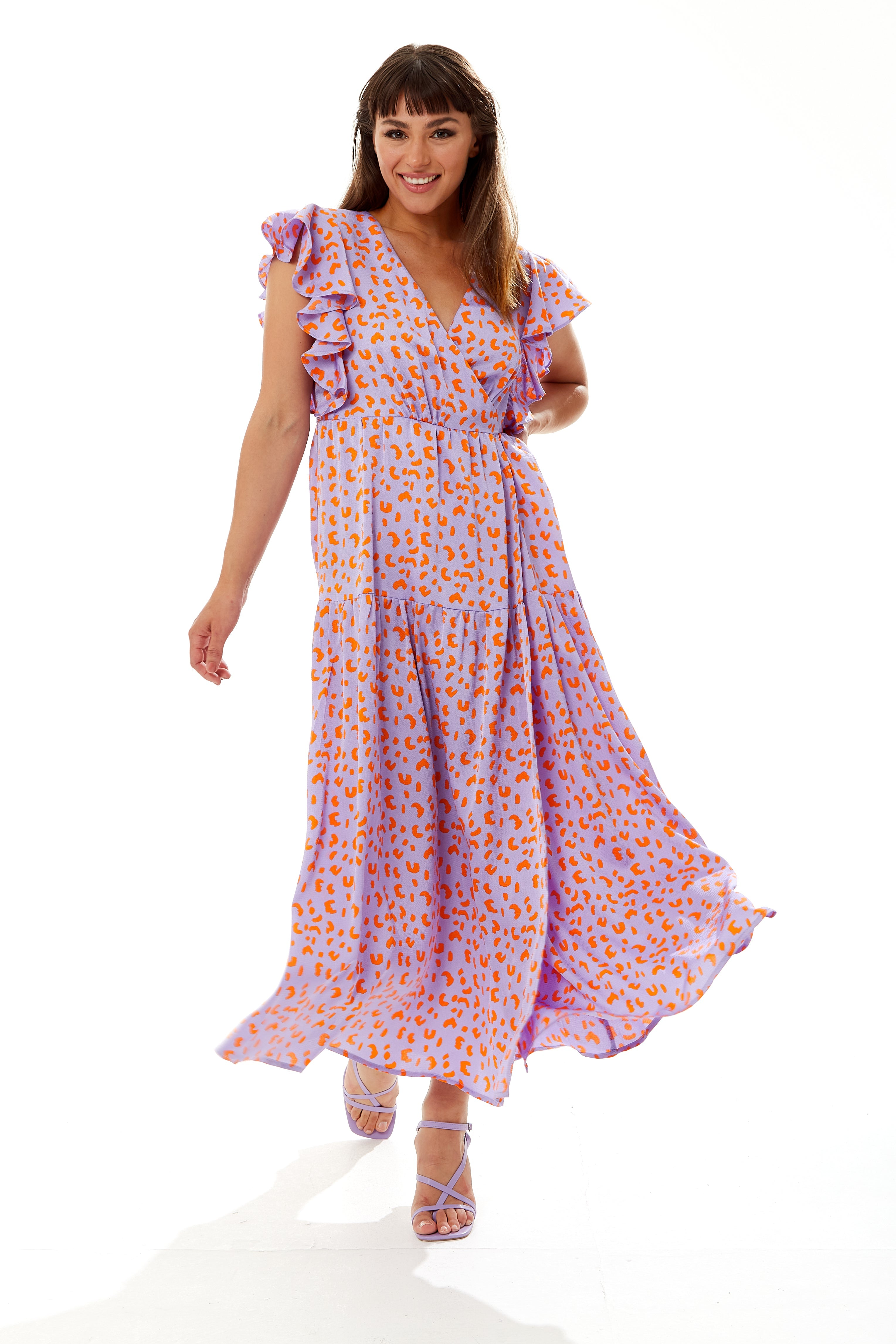 Cheetah Print Maxi Wrap Dress In Lilac And Orange B6-84-LIQ22SS020-B