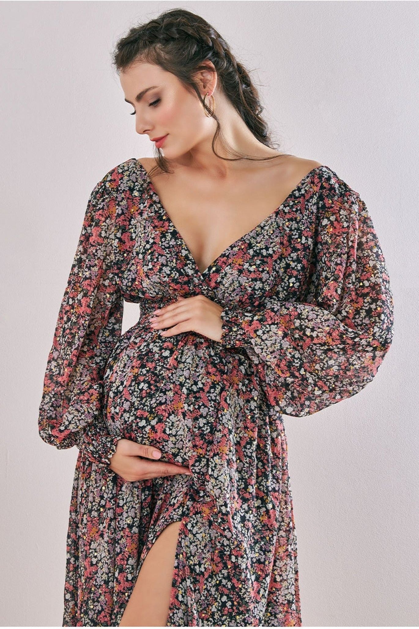 Maternity Long Sleeve Midi Floral Print DR3766AMAT