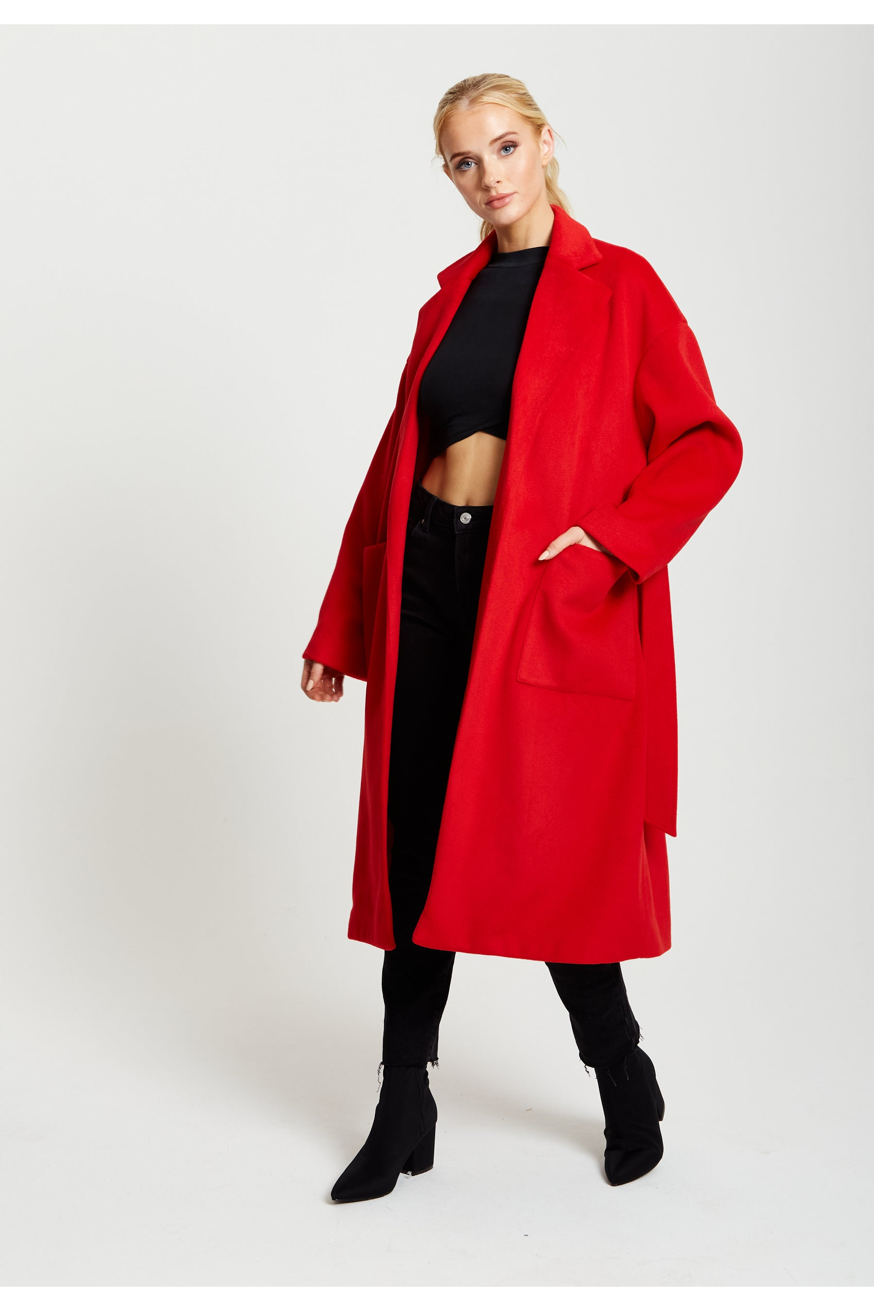 Belted Longline Coat In Red F10-132-CT1803