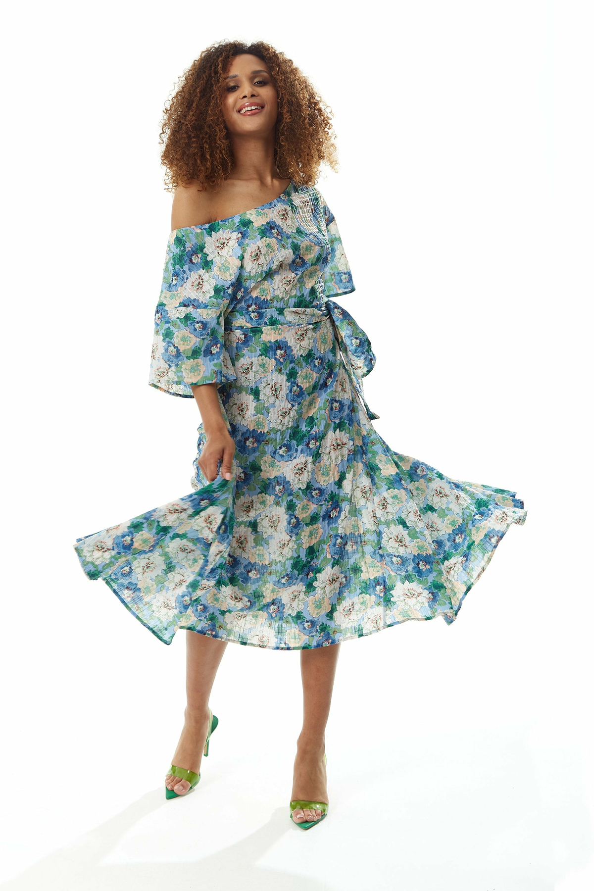 Liquorish Divine Grace Crinkle Floral Midi Dress In Blue LIQ22-391A-BLUE-8