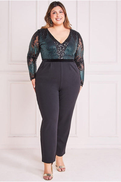 Green - Sequin & Mesh Jumpsuit - Emerald Green by Goddiva Plus