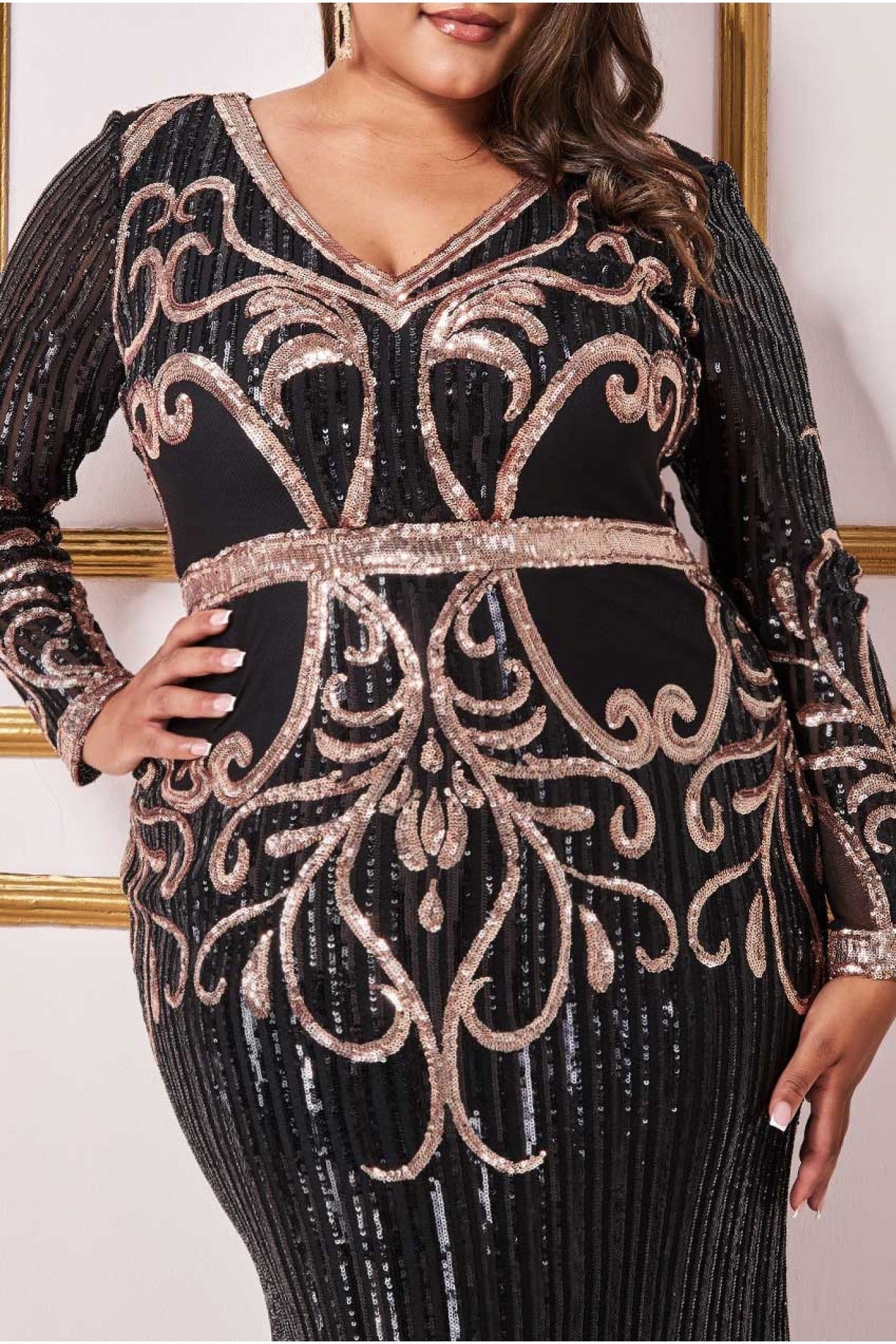 Sequin & Mesh Embroidered Maxi Dress - Black DR3235P