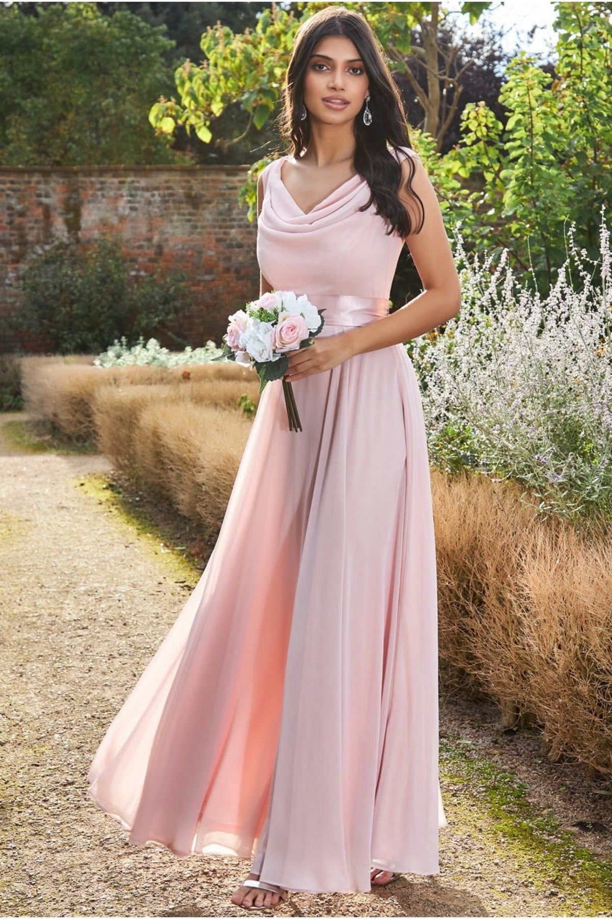 One-shoulder Chiffon Maxi Bridesmaid Dress With Shirred Front Slit