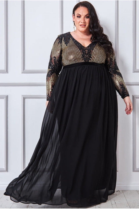 Goddiva Plus Sequin Mesh Bodice Maxi Dress - Black