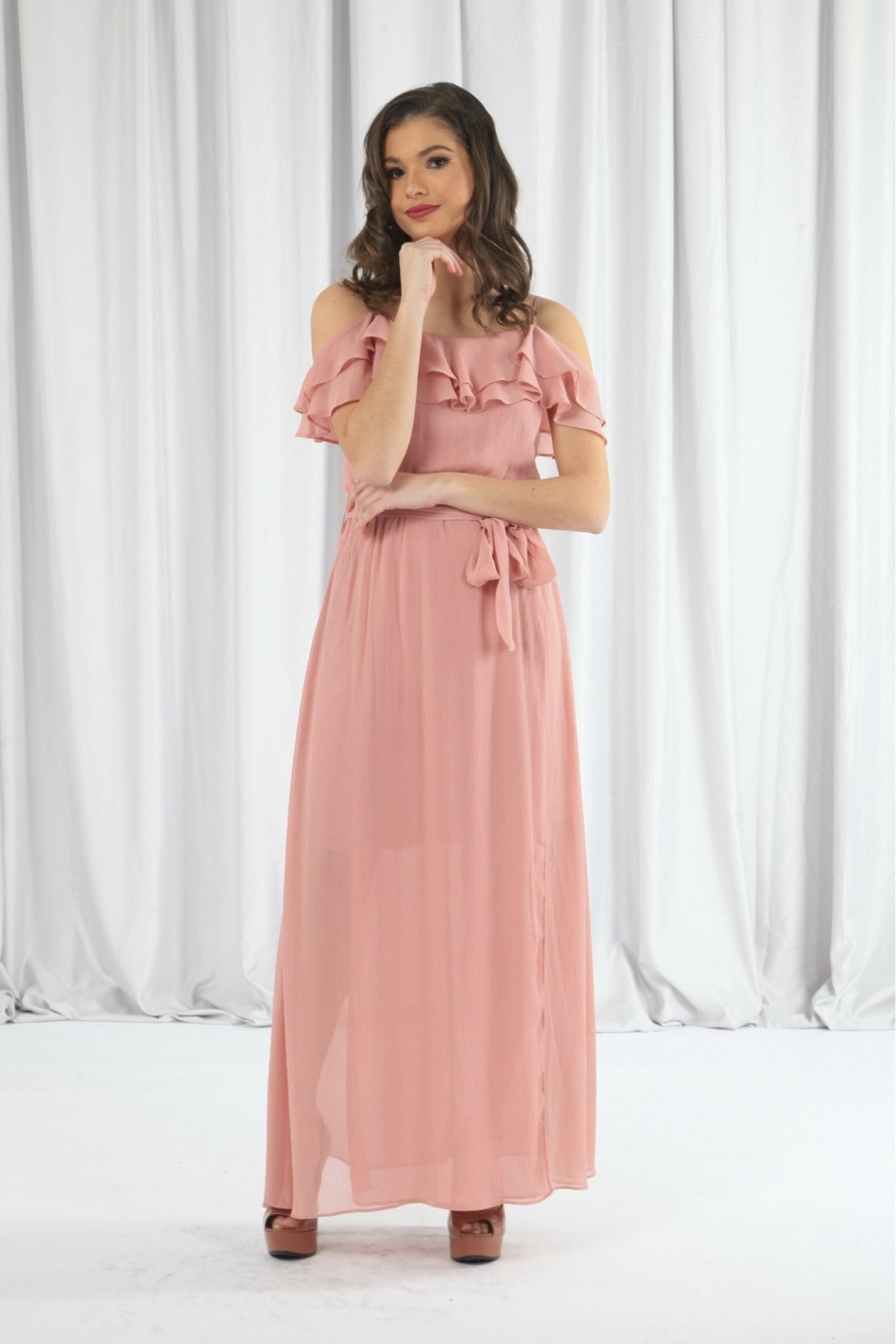 Pink Double Frill Off Shoulder Wrap Maxi Dress DR0000123