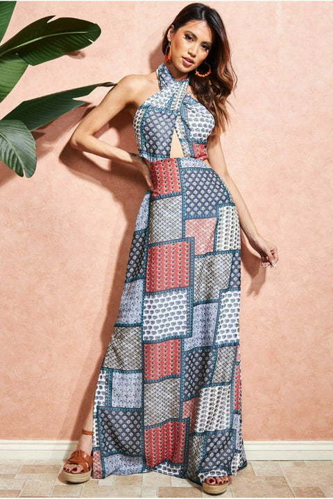 Halter Neck Printed Maxi Dress - Blue DR3504