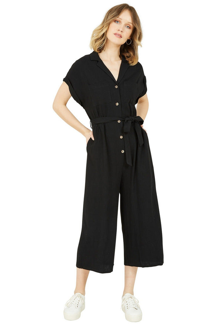 Black Button Up Linen Jumpsuit Yumi