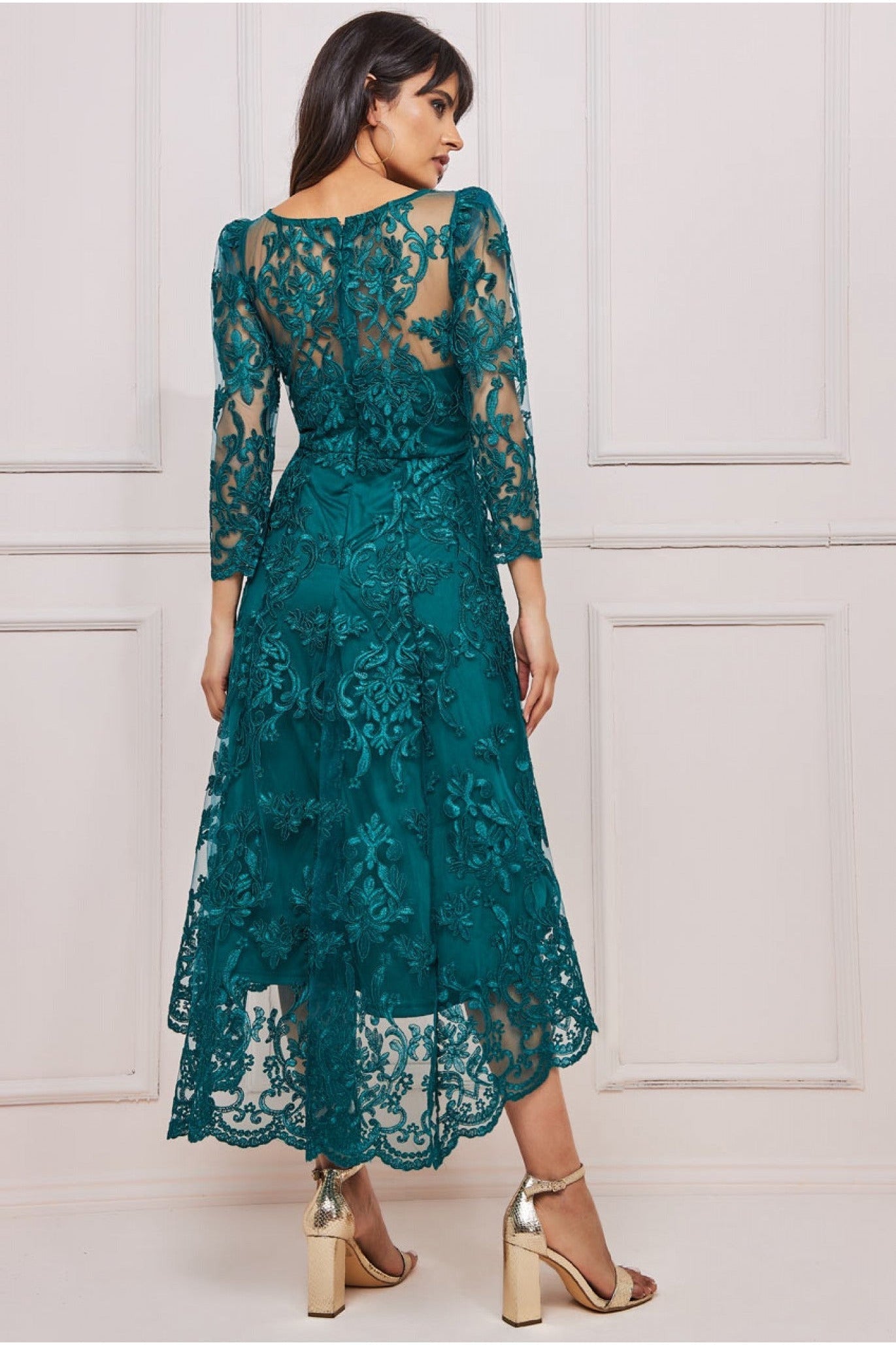 Scalloped Lace Dipped Hem Midi Dress - Emerald DR3347