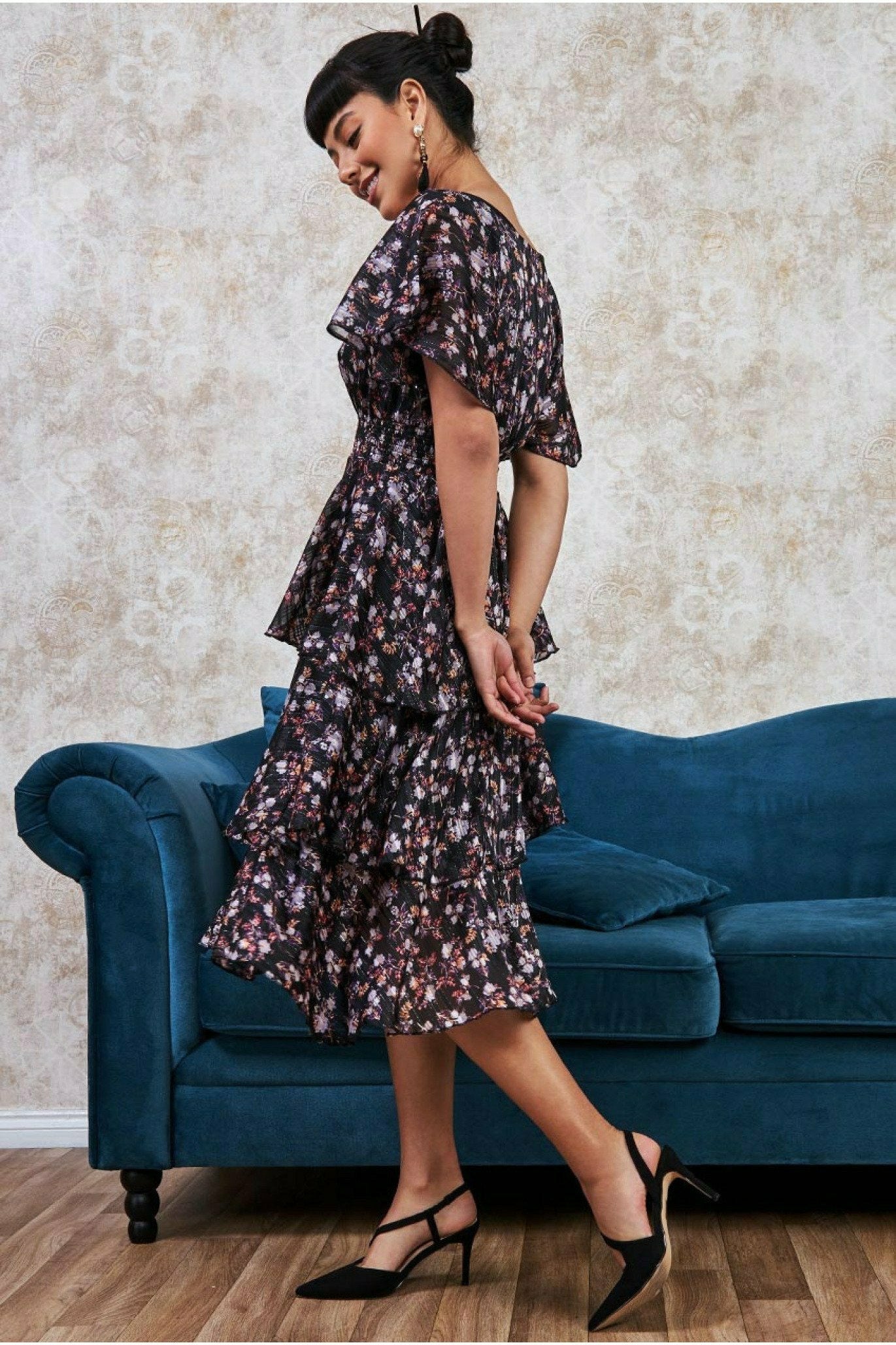 Floral Layered Midi With Flutter Sleeves - Navy DR3296