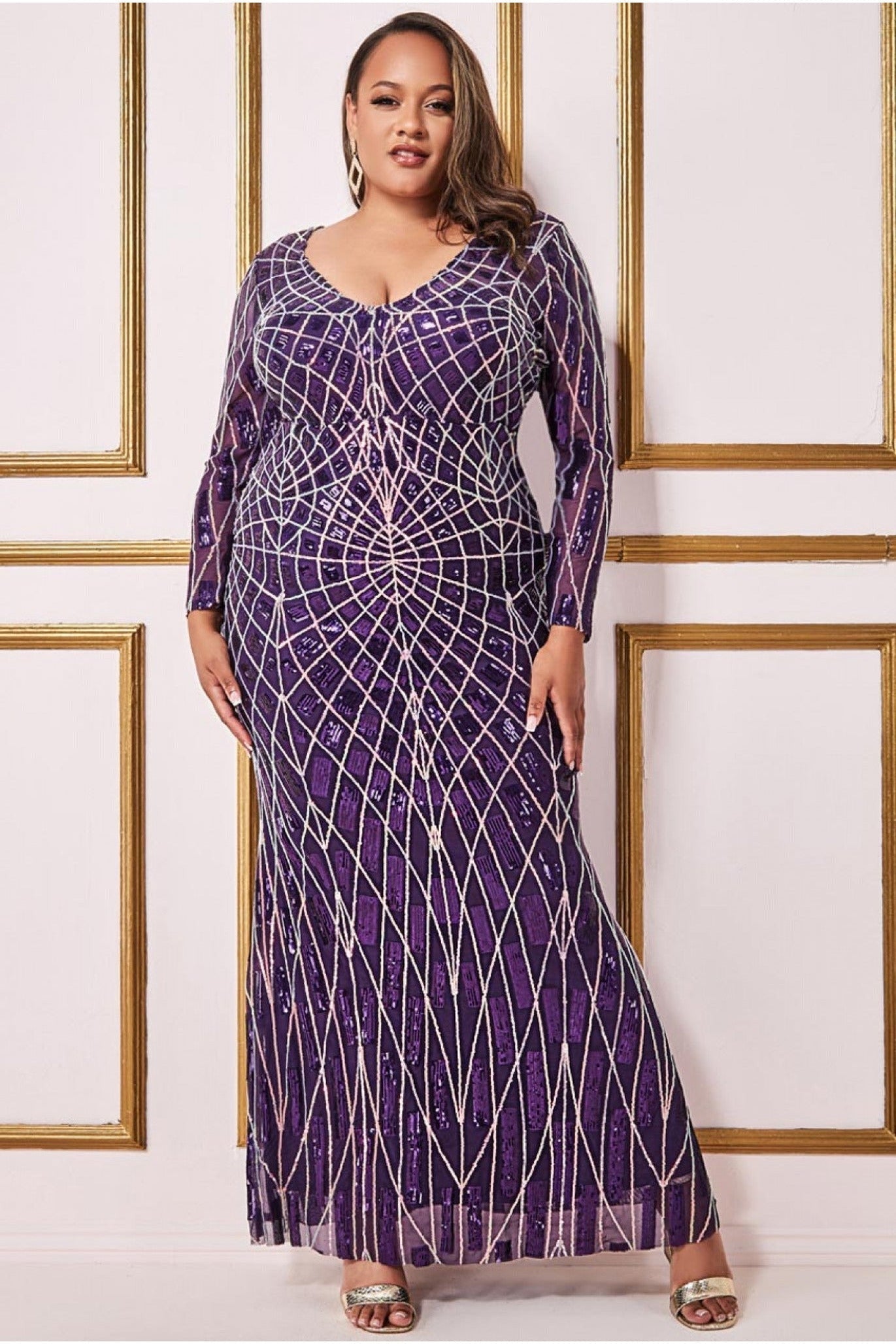 Geo Sequin Long Sleeve Maxi Dress - Purple DR3495P