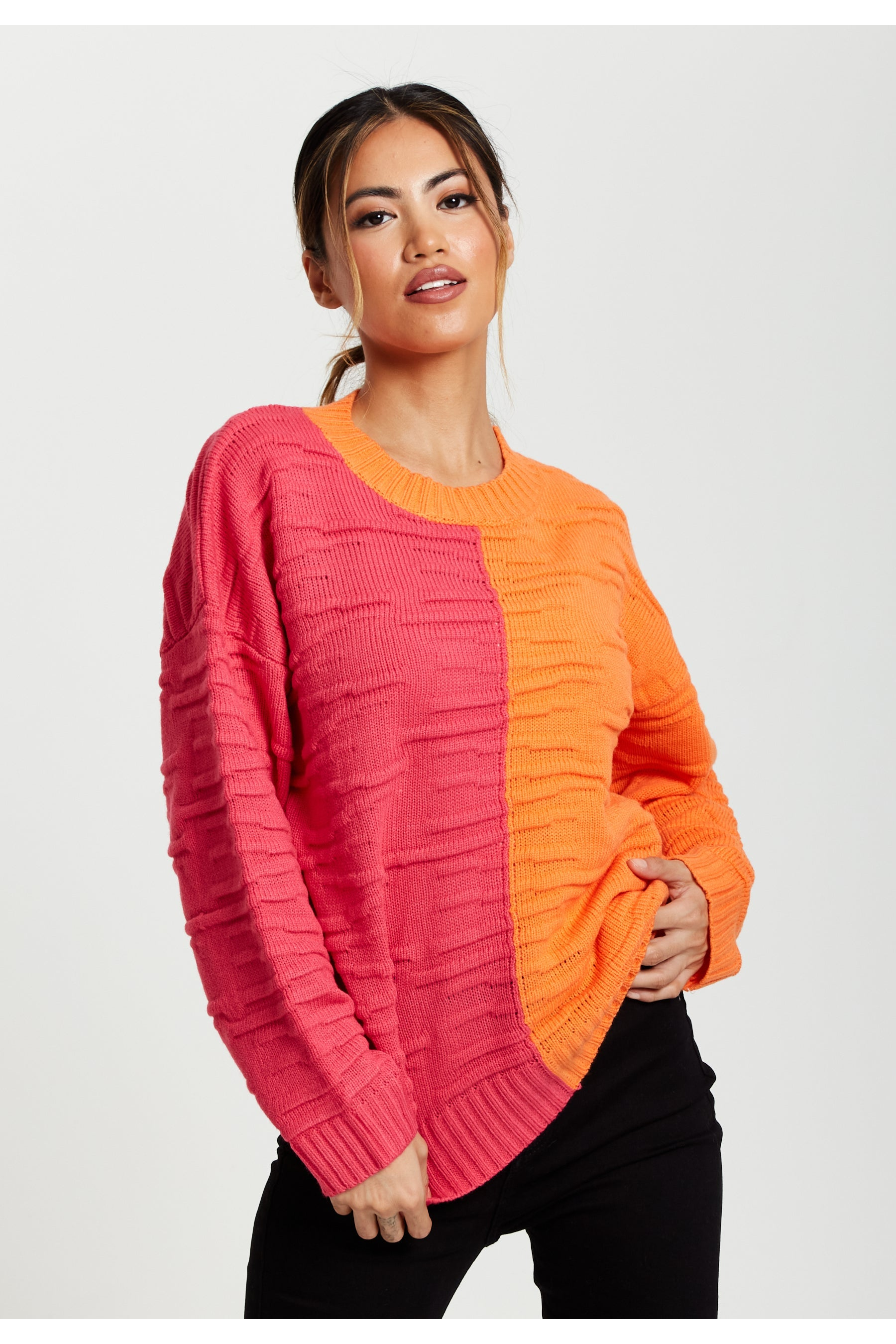 Colour Block Jumper In Orange And Pink D1-LS-L22AW022