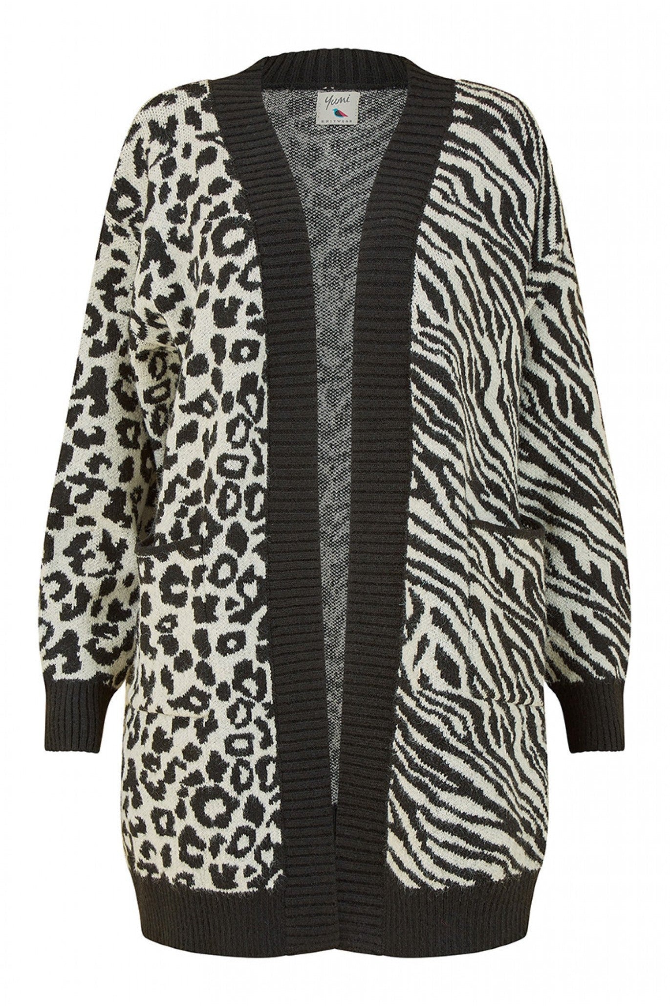 Black Zebra And Leopard Print Knitted Intarsia Cardigan YM3889A018