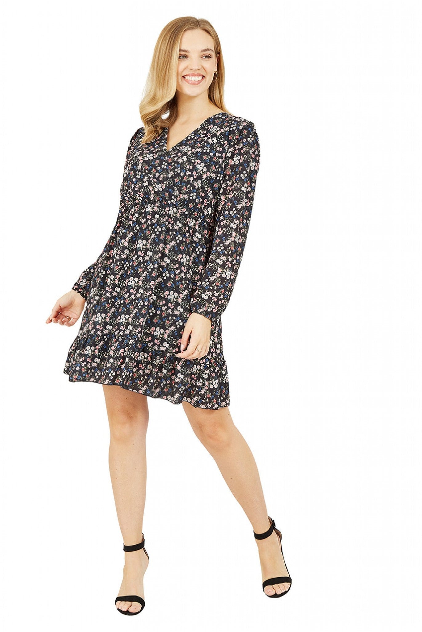 Ditsy Flower Print Wrao nLayered Frill Dress Mela London