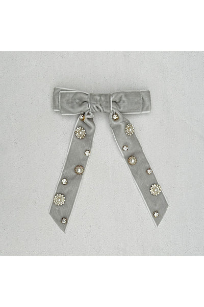 Grey - Velvet Bow Hair Clip In Grey With Jewels by QueenMee Accessories