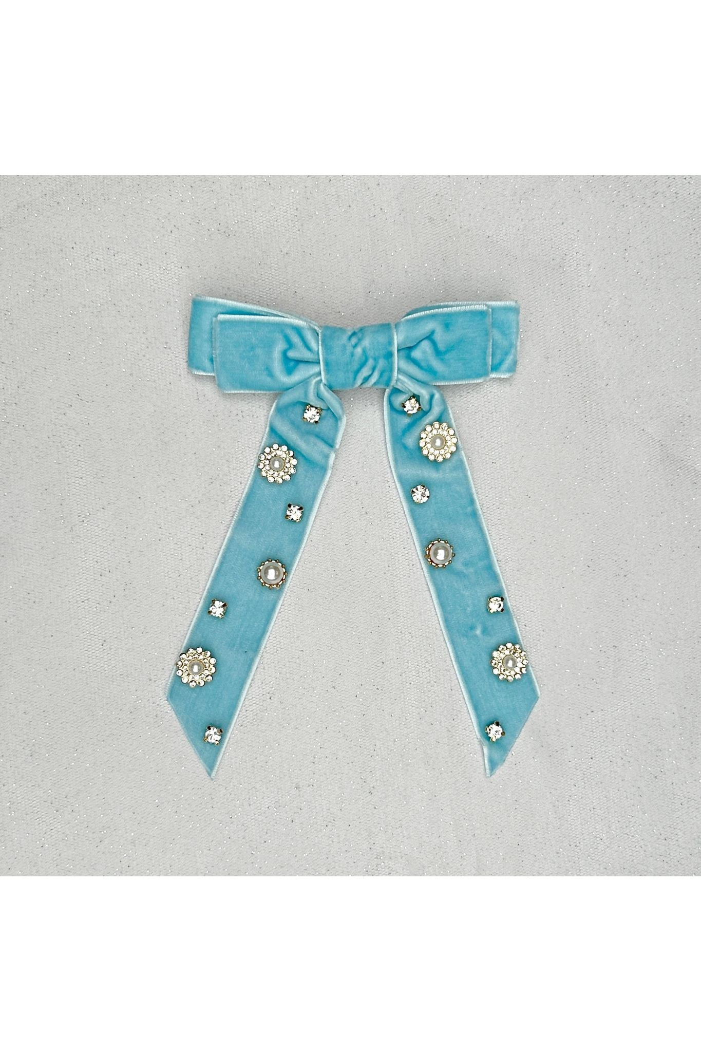 Velvet Bow Hair Clip In Light Blue With Jewels 5060801177832