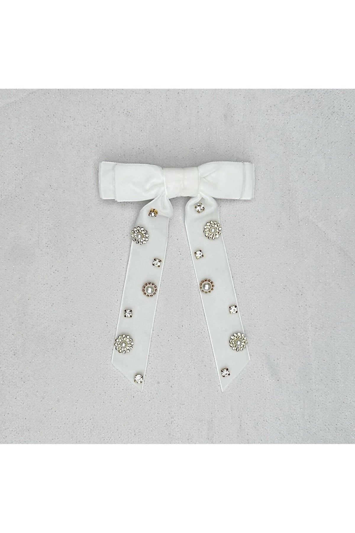 Velvet Bow Hair Clip In White With Jewels 5060801177801