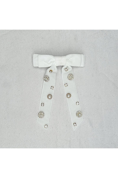 White - Velvet Bow Hair Clip In White With Jewels by QueenMee Accessories